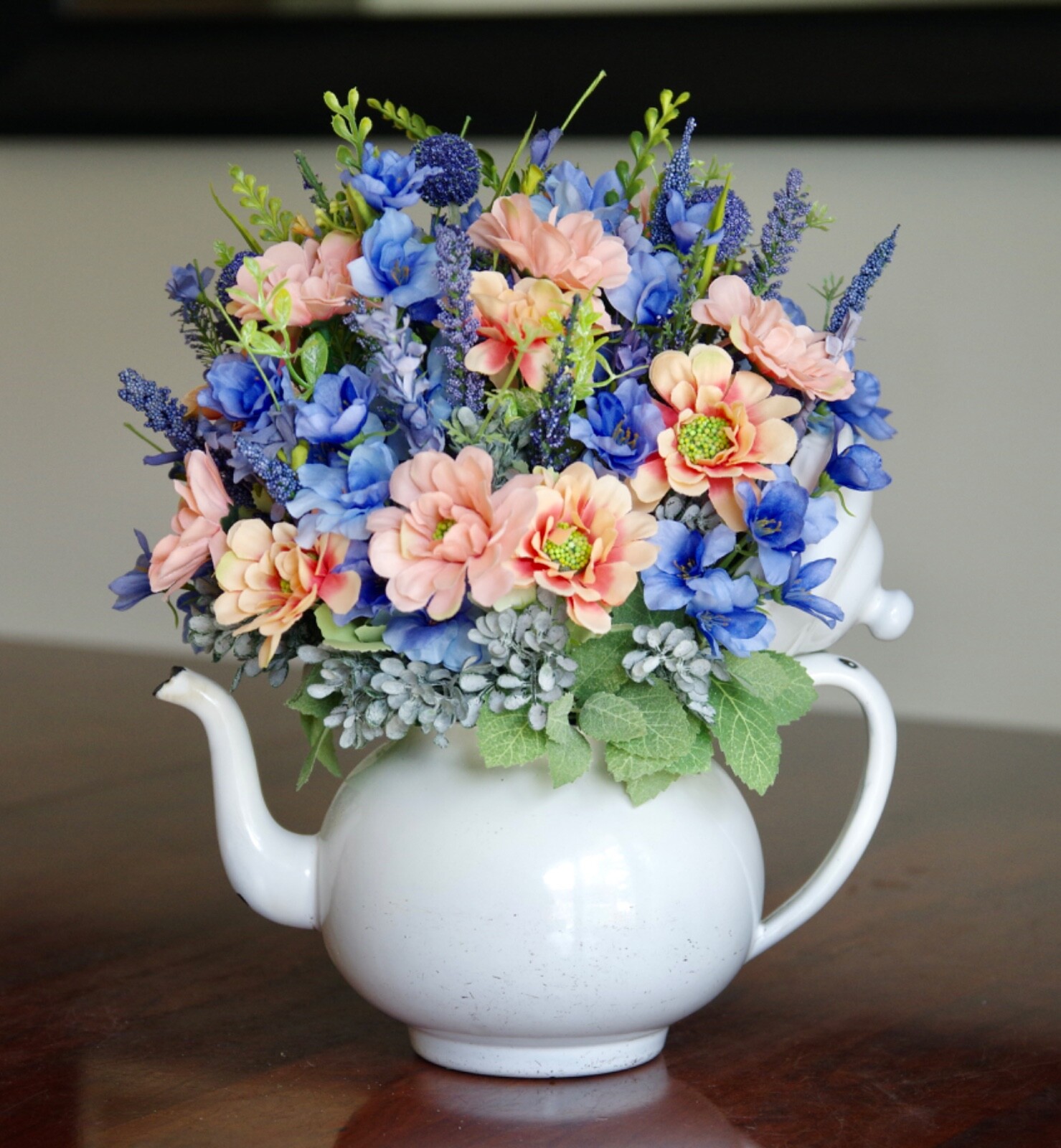 Vintage White Enamel Teapot With Peach Daisies With Blue Delphinium, Wildflowers