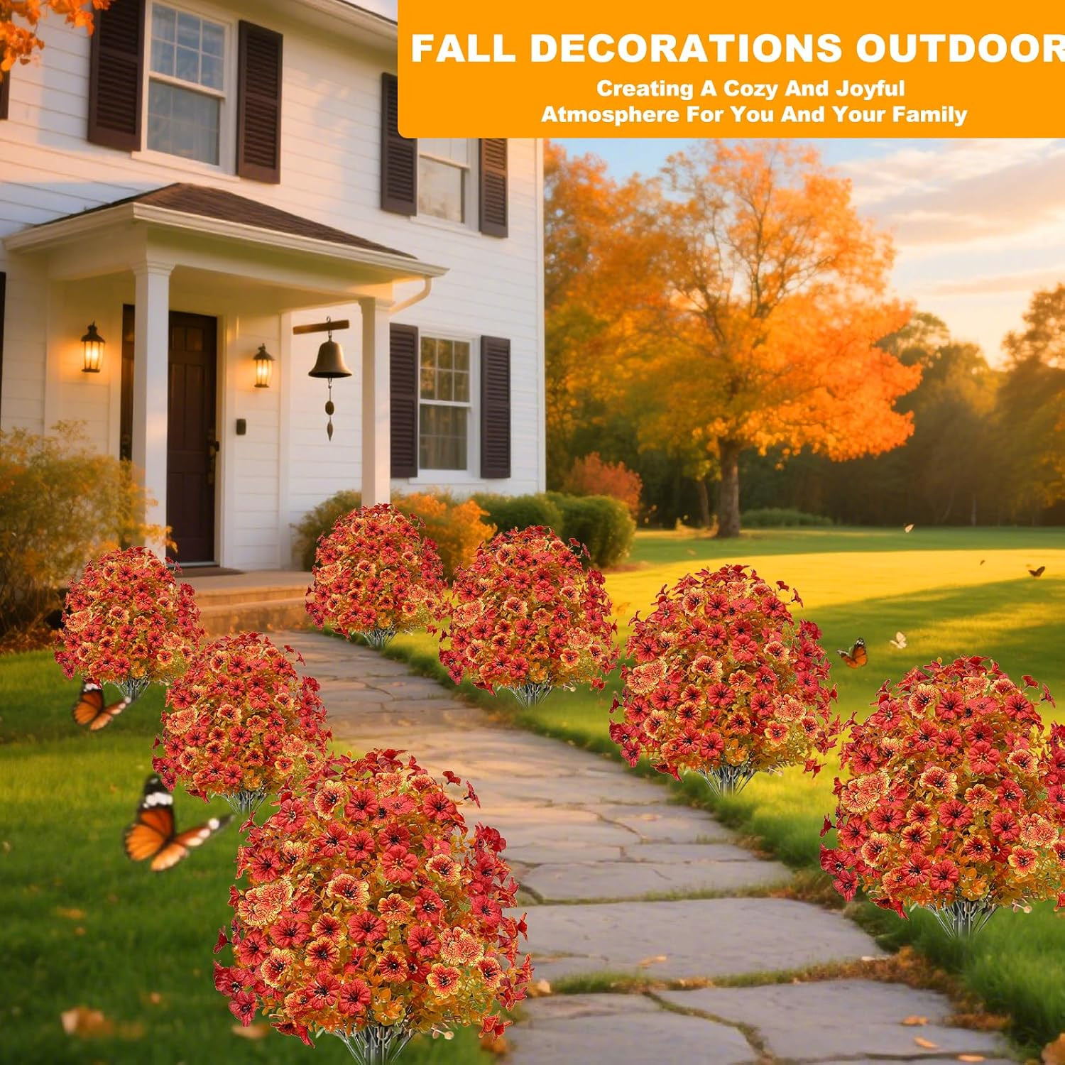 2 Pack 25″ Fall Artificial Mums Topiary Ball Trees for Outdoor Decor