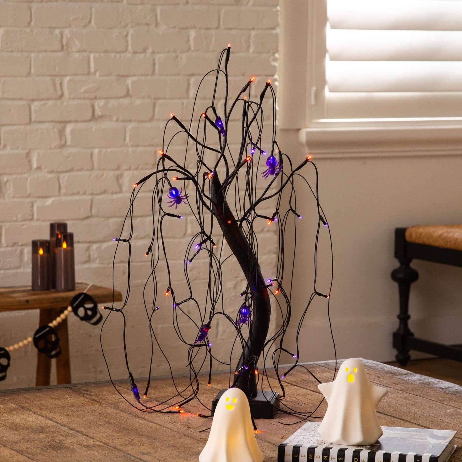 Nearly Natural 2ft Pre-Lit Halloween Black Spooky Spider Willow Tree