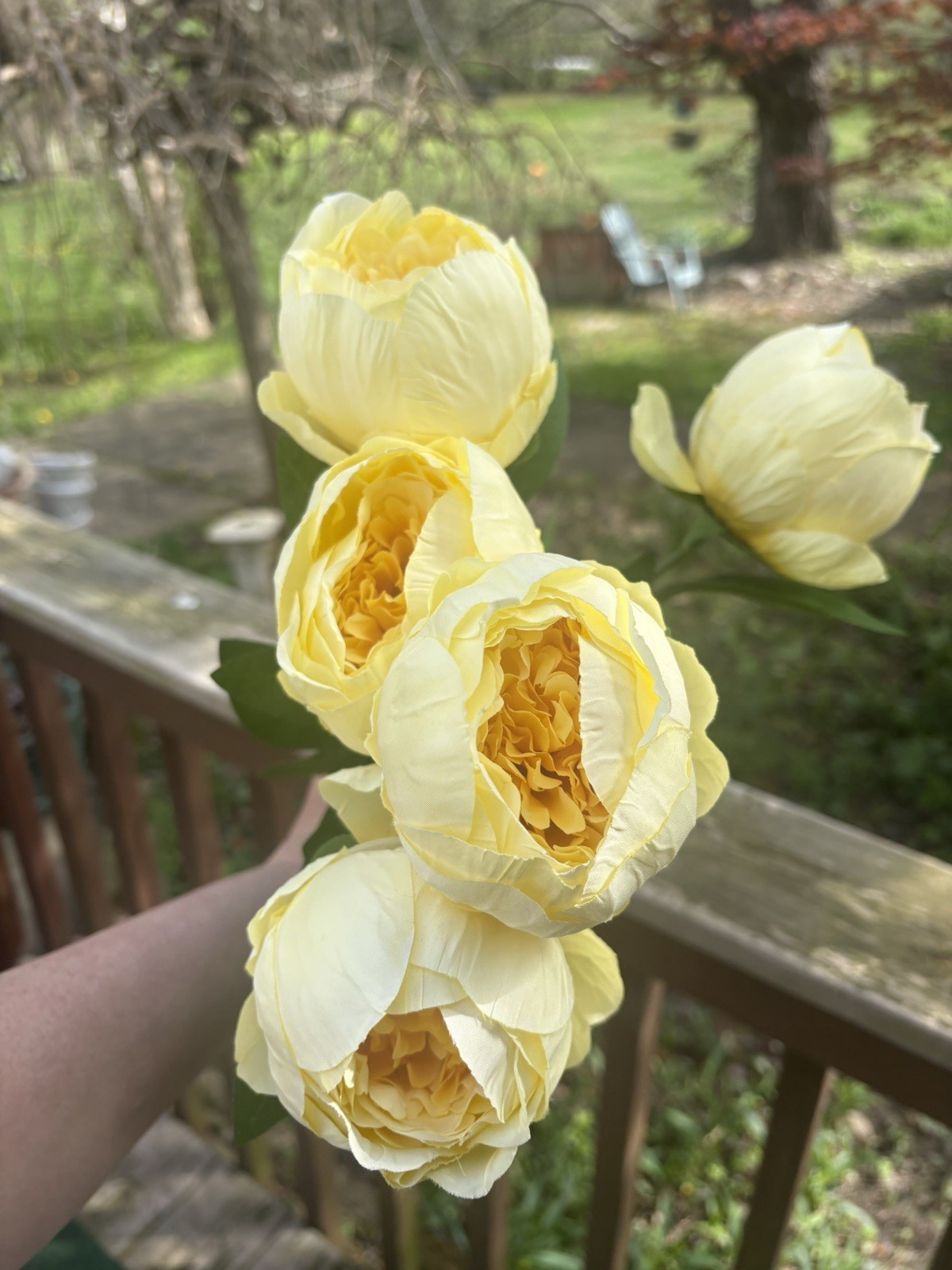 Artificial Yellow Peony Flowers Bouquet Spun Heads 5pc Fake Flowers 17”