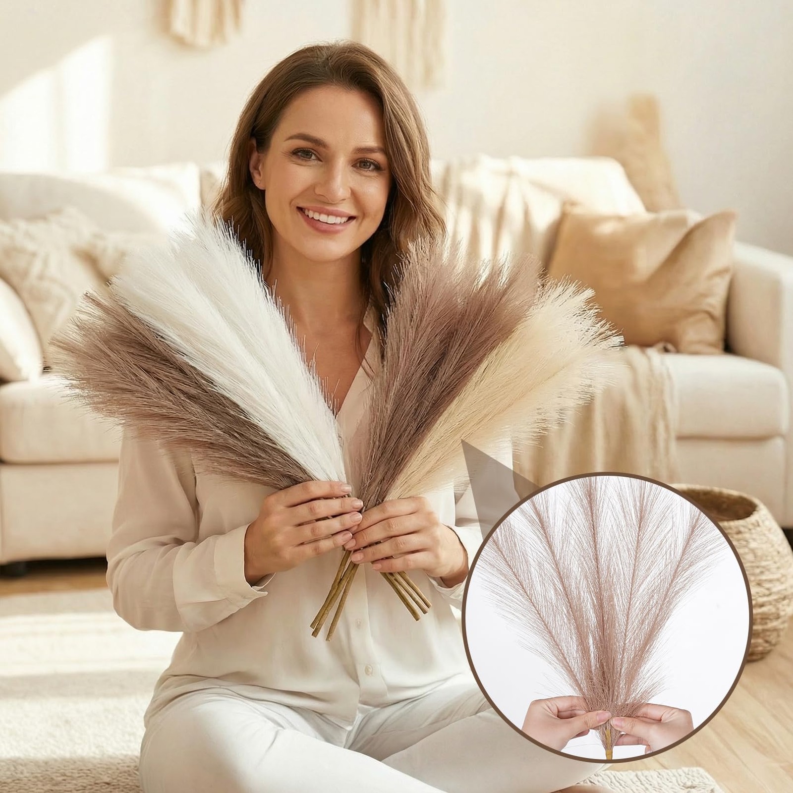 Faux Pampas Grass 9 Bunches 45 Stems 17.3 Inch Pampas Grass Decor 3 Colors Mi…