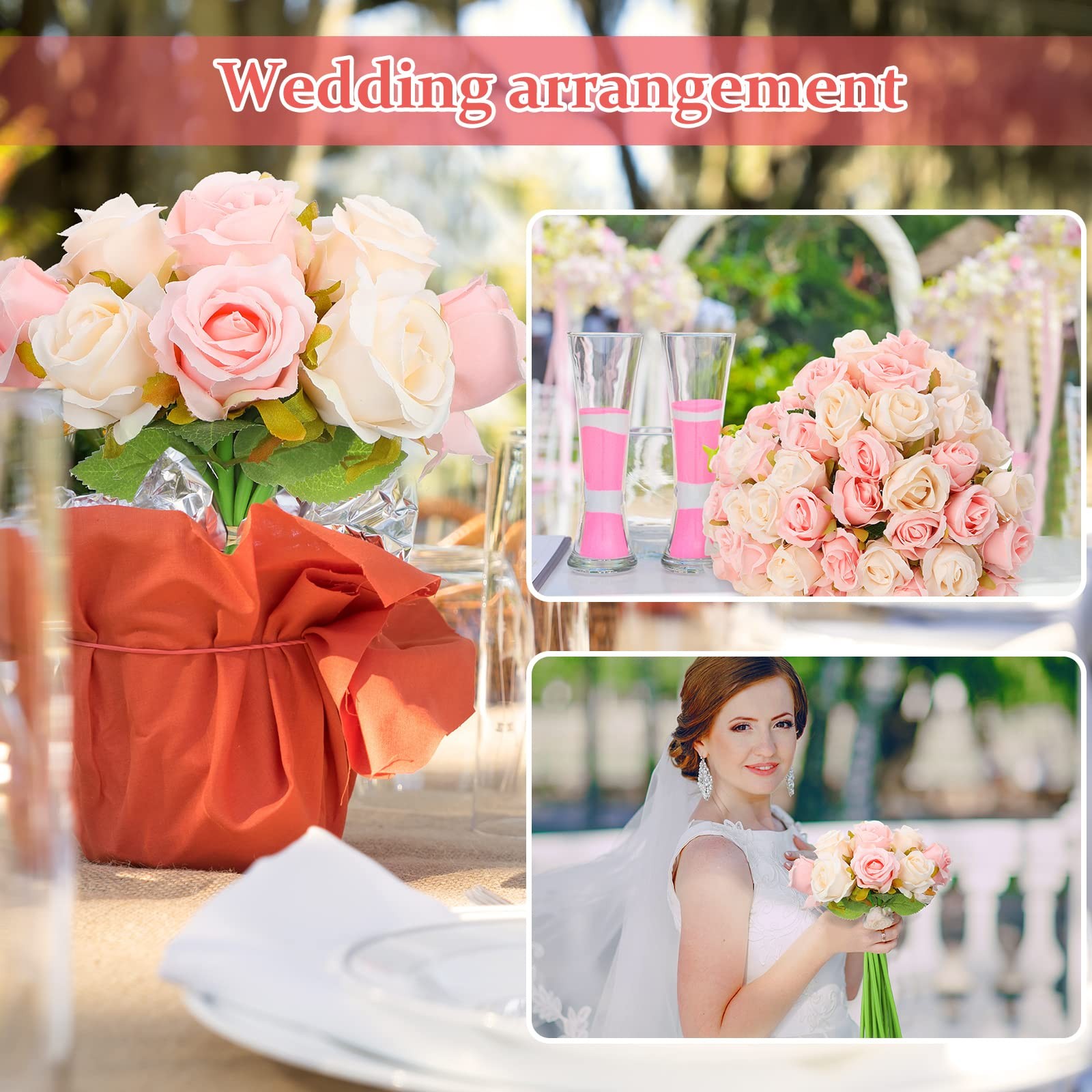 Artificial Rose Flowers Bouquet 240 Pcs 9.84″ Height Silk Pink White – Wedding