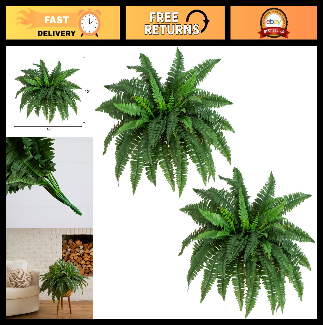 Large 40″ Boston Fern Artificial Plant – Realistic Hanging Faux Ferns, Set of 2