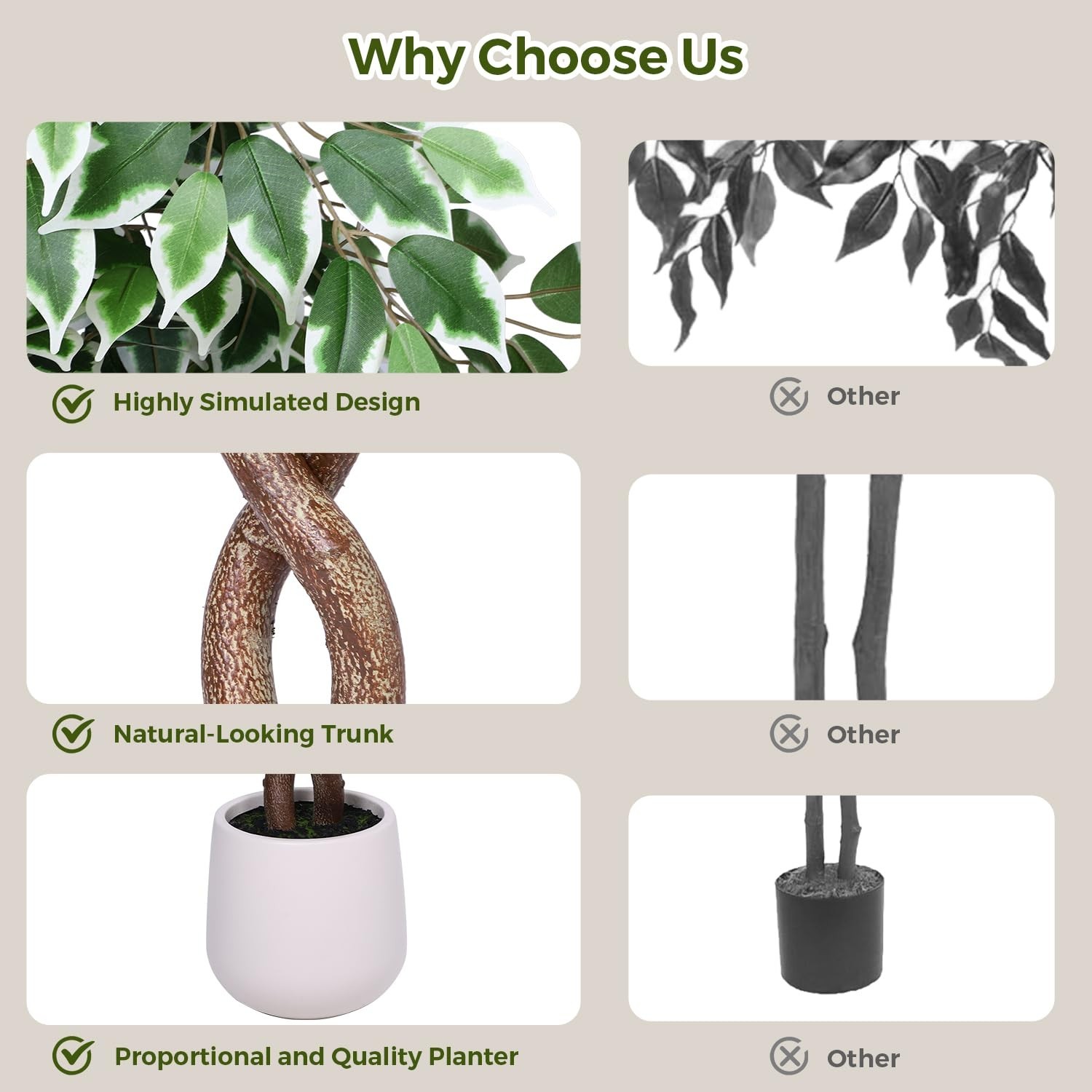 Jocoevol 7FT Artificial Ficus Tree with White Planter, Dried Moss, Natural Silk