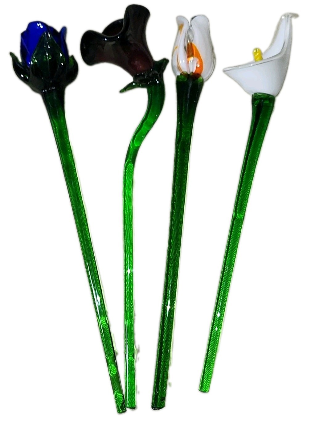 4pcs Hand Blown Glass Flower Stems Rose & Calla Lily Multicolor 12 in