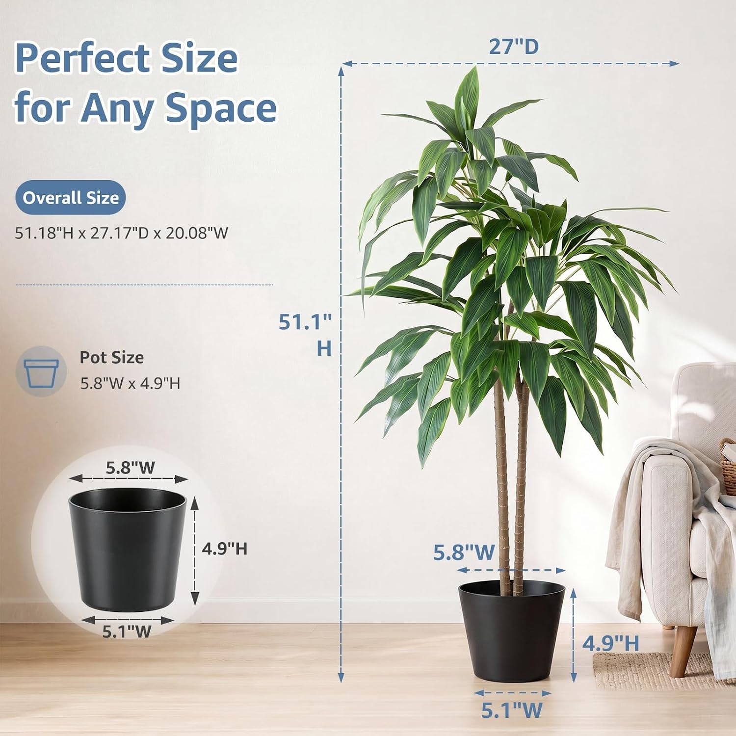 Artificial Realistic Faux Floor Plant with Lifelike Leaves in Black Planter Pot