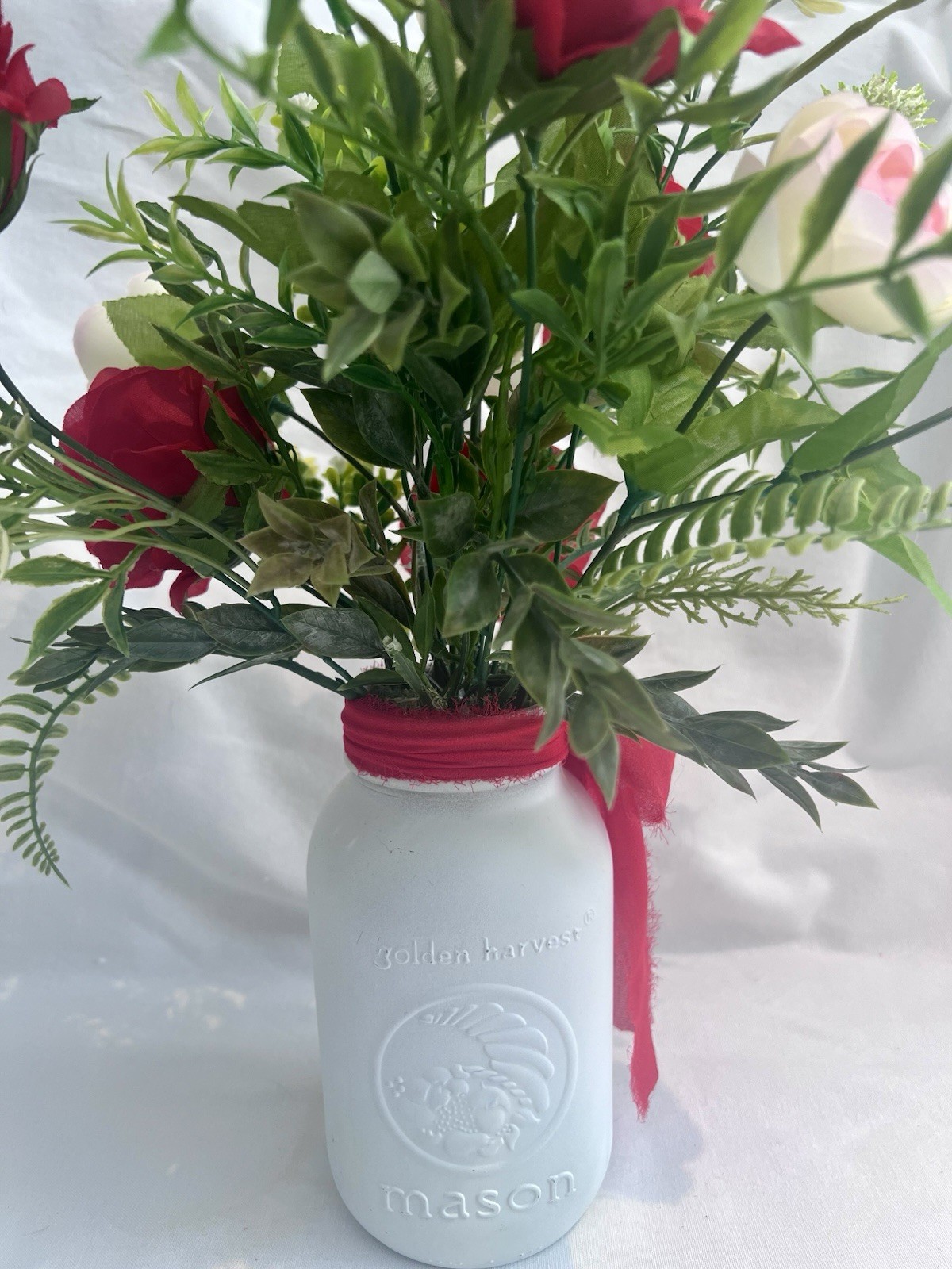 Red And Pink Roses Silk floral Arrangement in A Mason Jar Vase Home Decor
