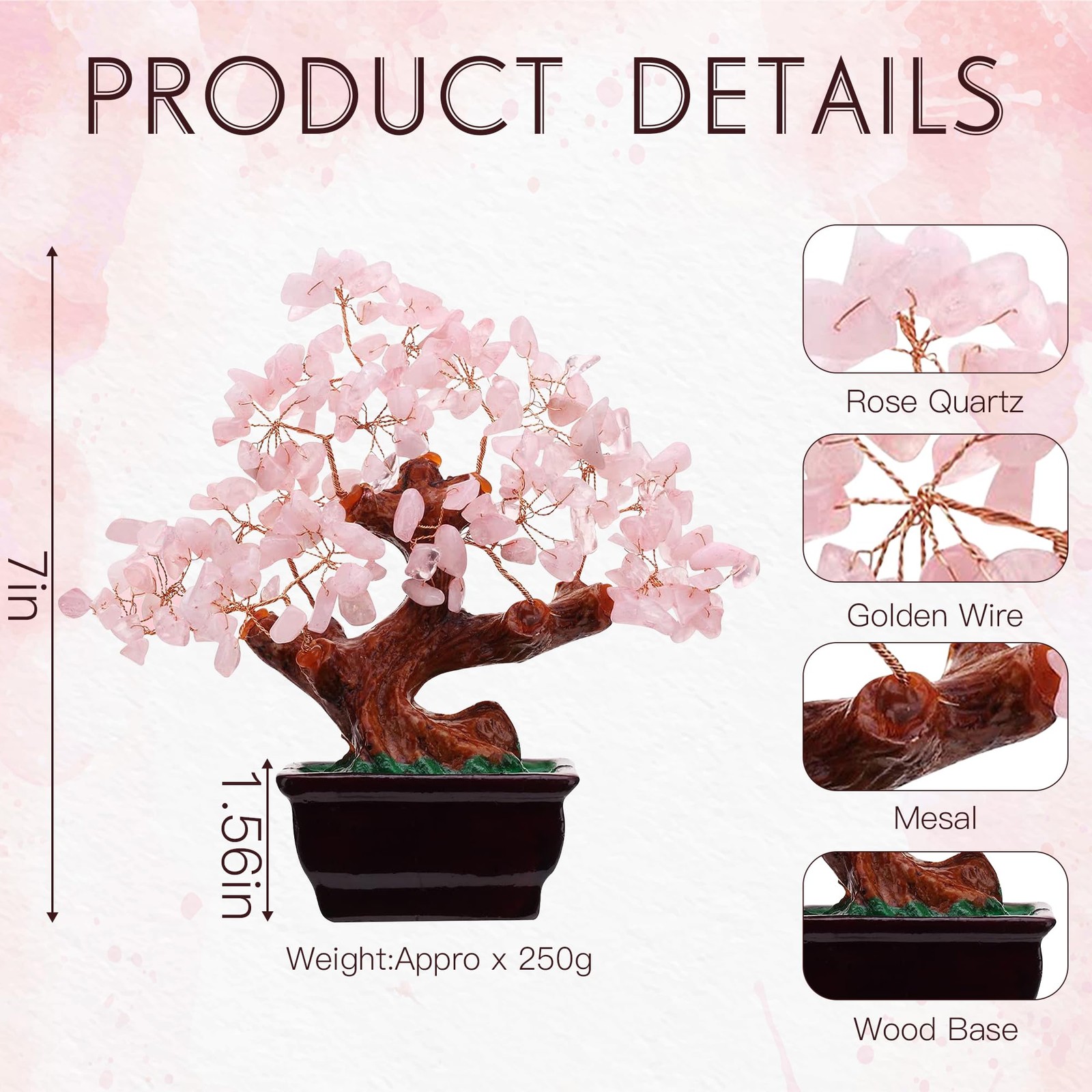 Parma77 Feng Shui Natural Rose Pink Quartz Crystal Money Tree, 7in,