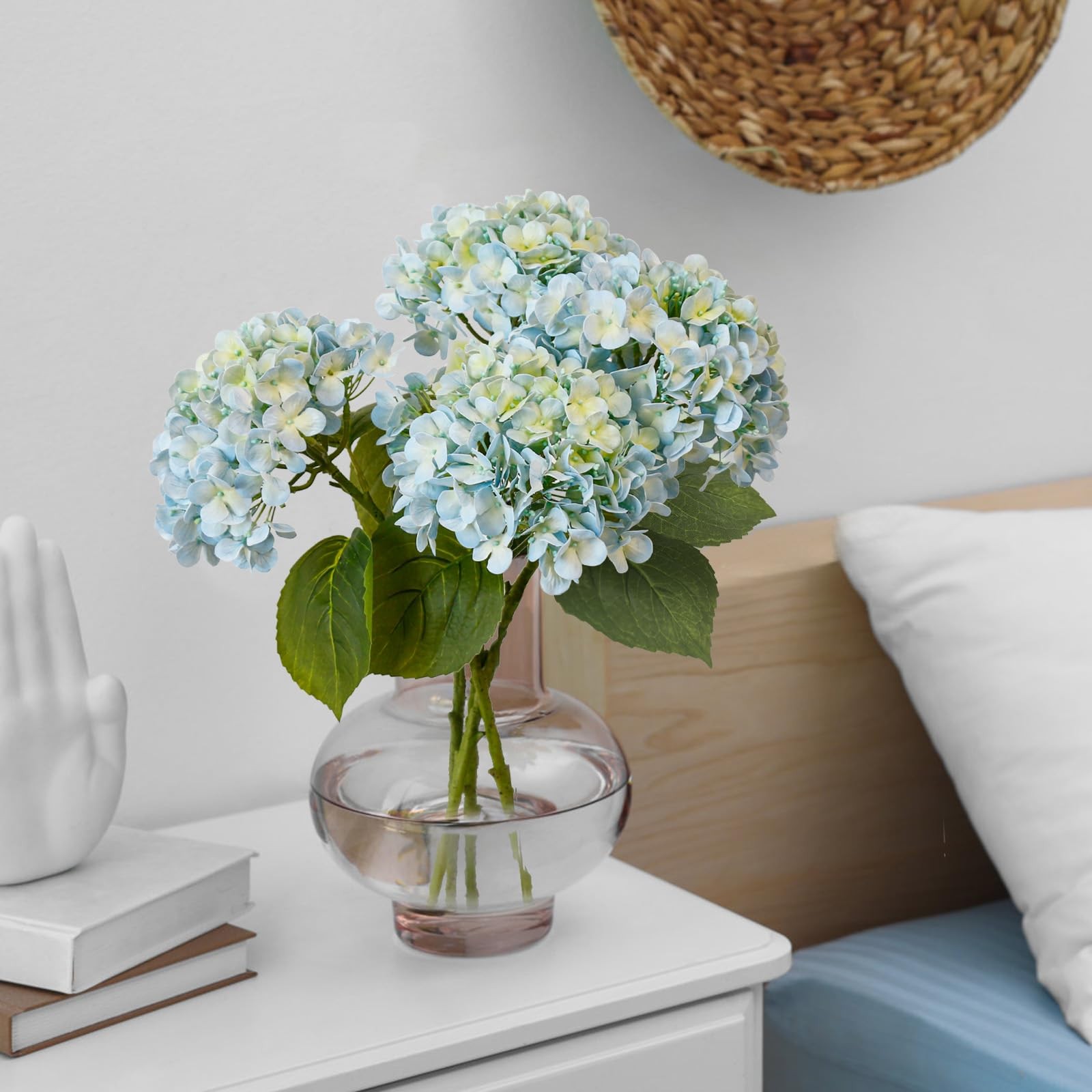 Light Blue Hydrangea Artificial Flowers 21″ Real Touch with 3 PCS Butterflies