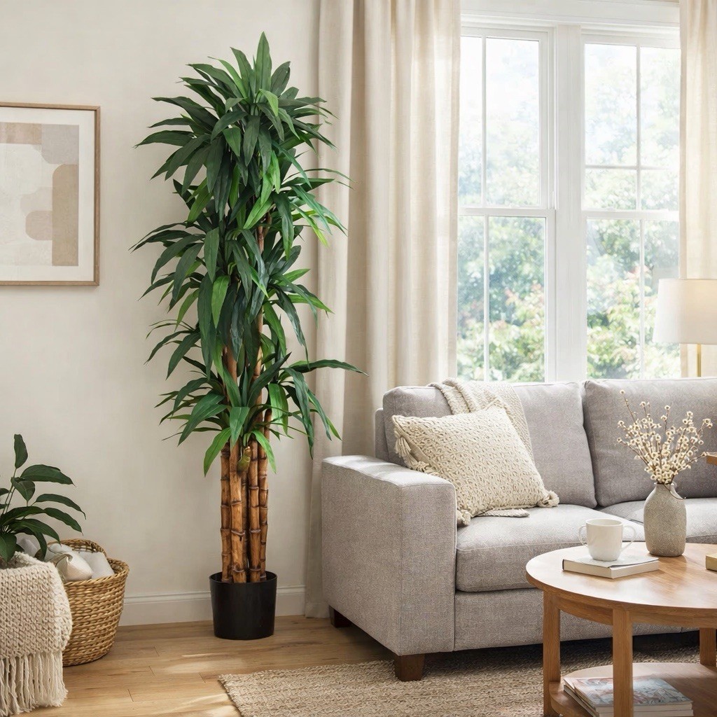 6.5’ Artificial Dracaena Tree Houseplant Plant in Pot, Floral Decor