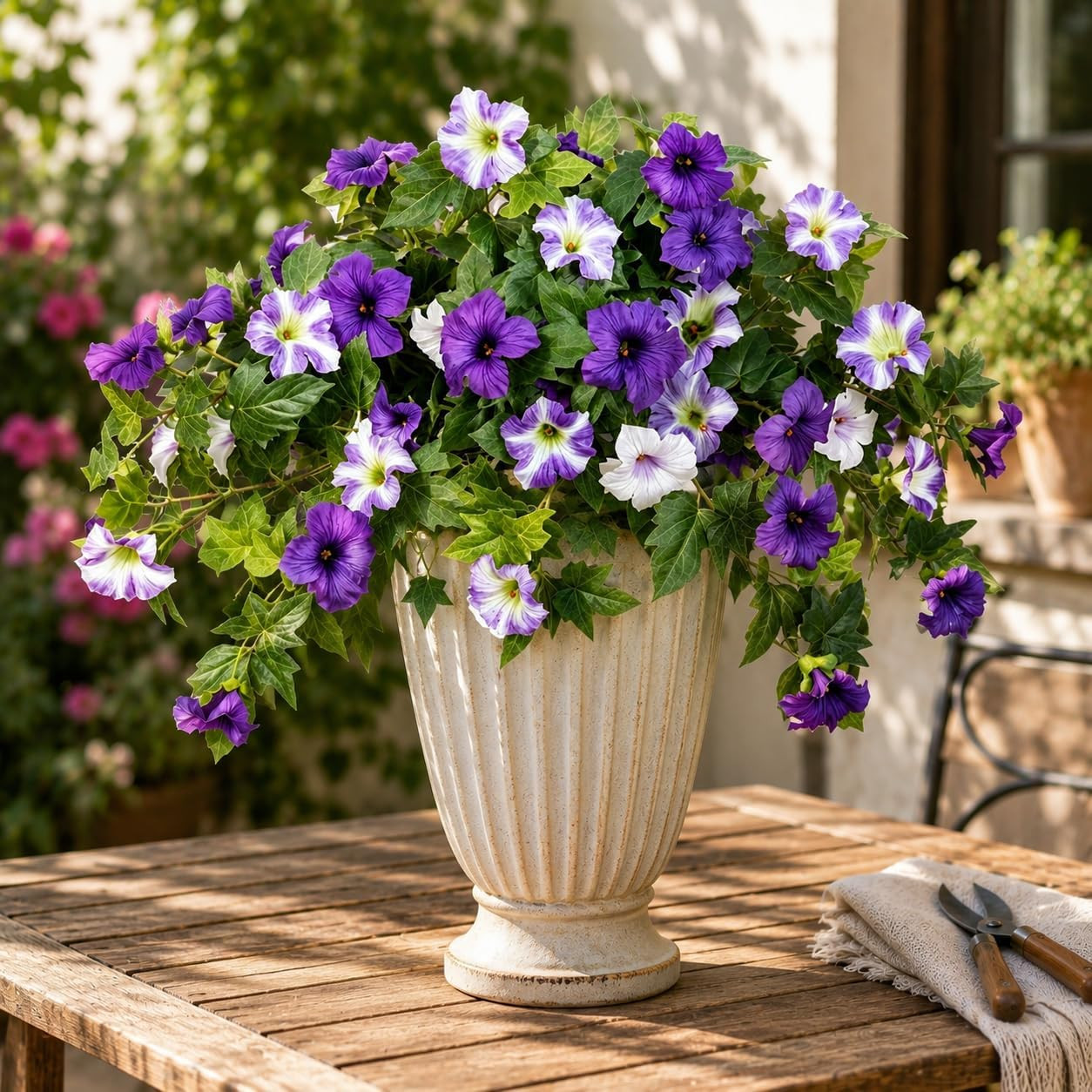 2 Bundles UV Resistant Purple & White Petunias – Outdoor Faux Flower Decor