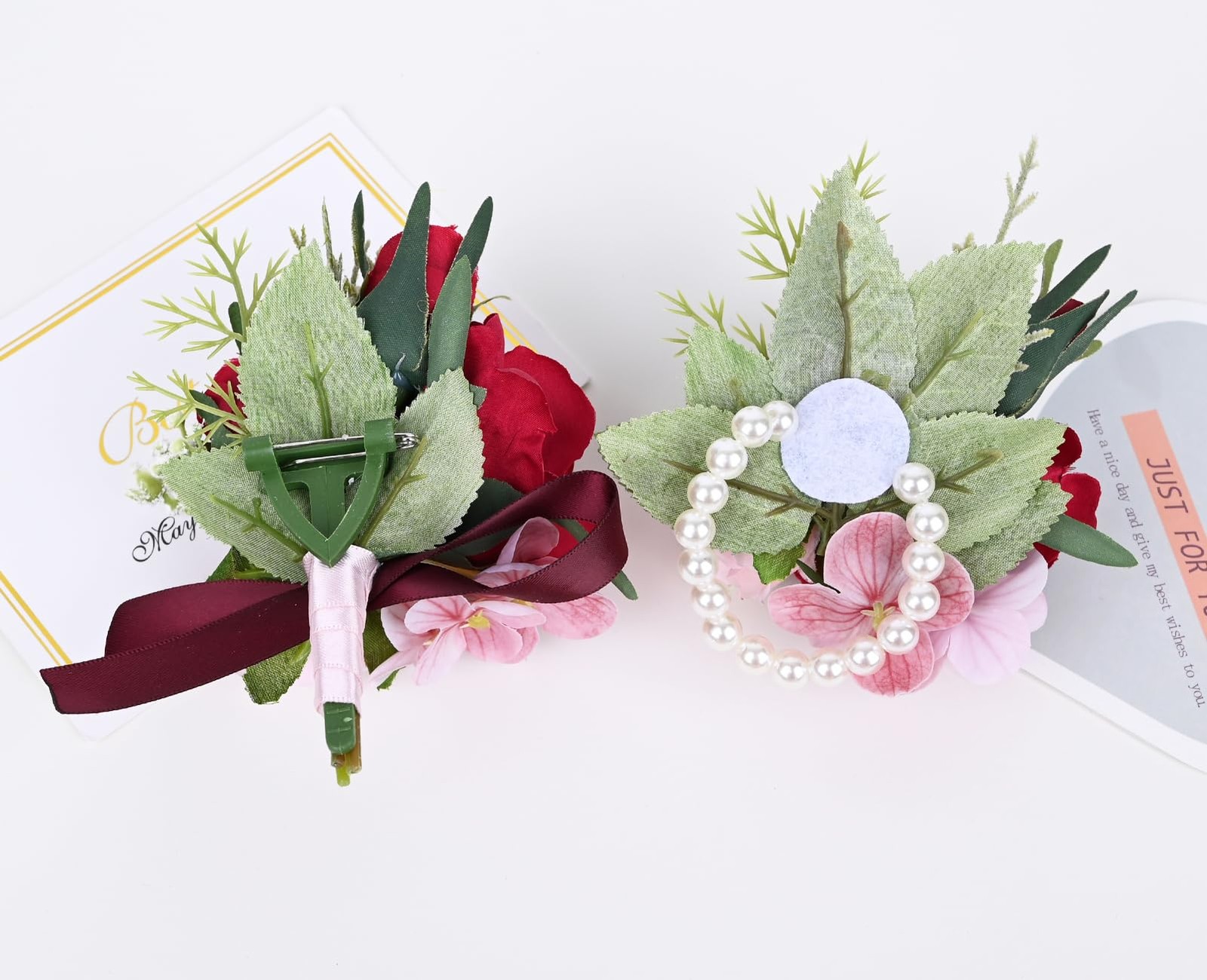 2 PCS Boutonniere Wrist Corsage Set Artificial Rose Men Women Red Pink Decor
