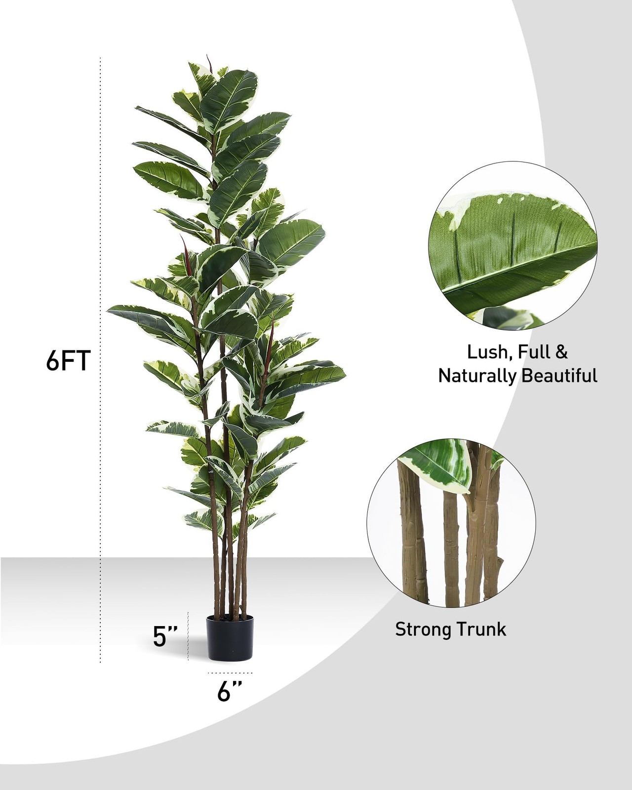 Artificial Rubber Tree Plant 6ft Tall Faux Ficus Tree Potted Fake Tropical Pl…