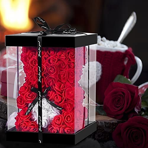 Cute Rose Teddy Bear Gift for Mom – Adorable 10″ Plush Bear in Clear Box – Perfe