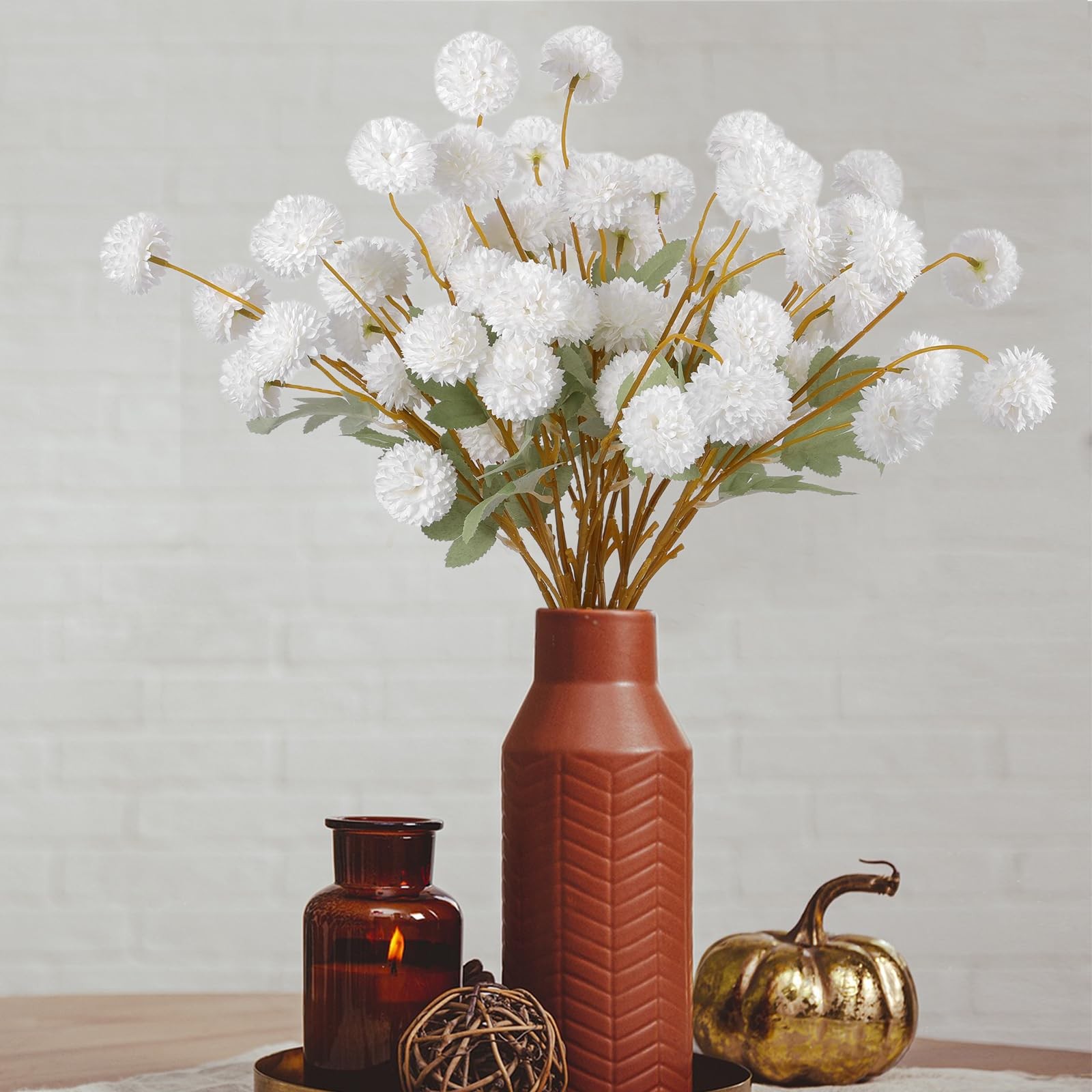 12 PCS Artificial White Chrysanthemum Kiku Pom Mums Faux Floral Centerpiece