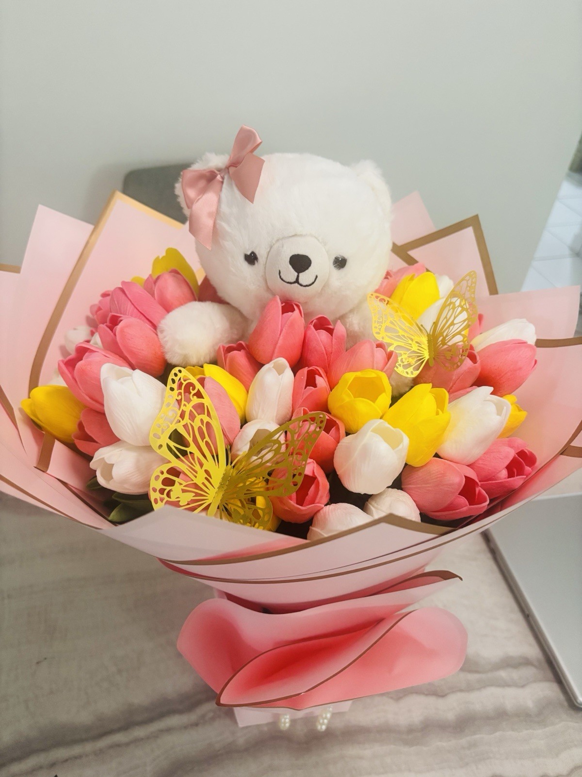 Artificial Tulip Flower Bouquet Pink Yellow White with Bear & Butterfly Decor