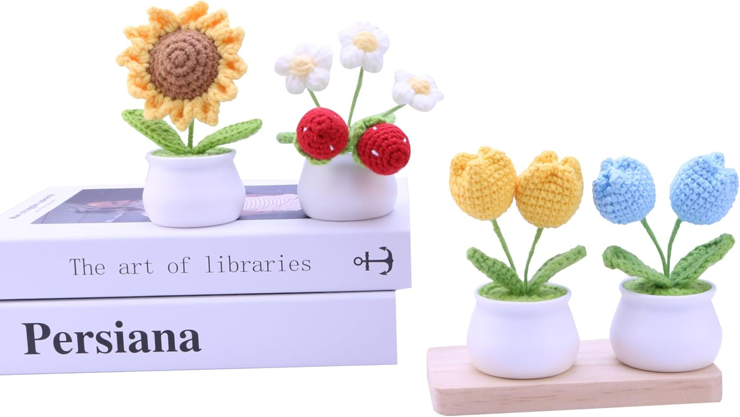 Crocheted Strawberry Potted Plants with Wool, Hand-Made Artificial Flowers and L