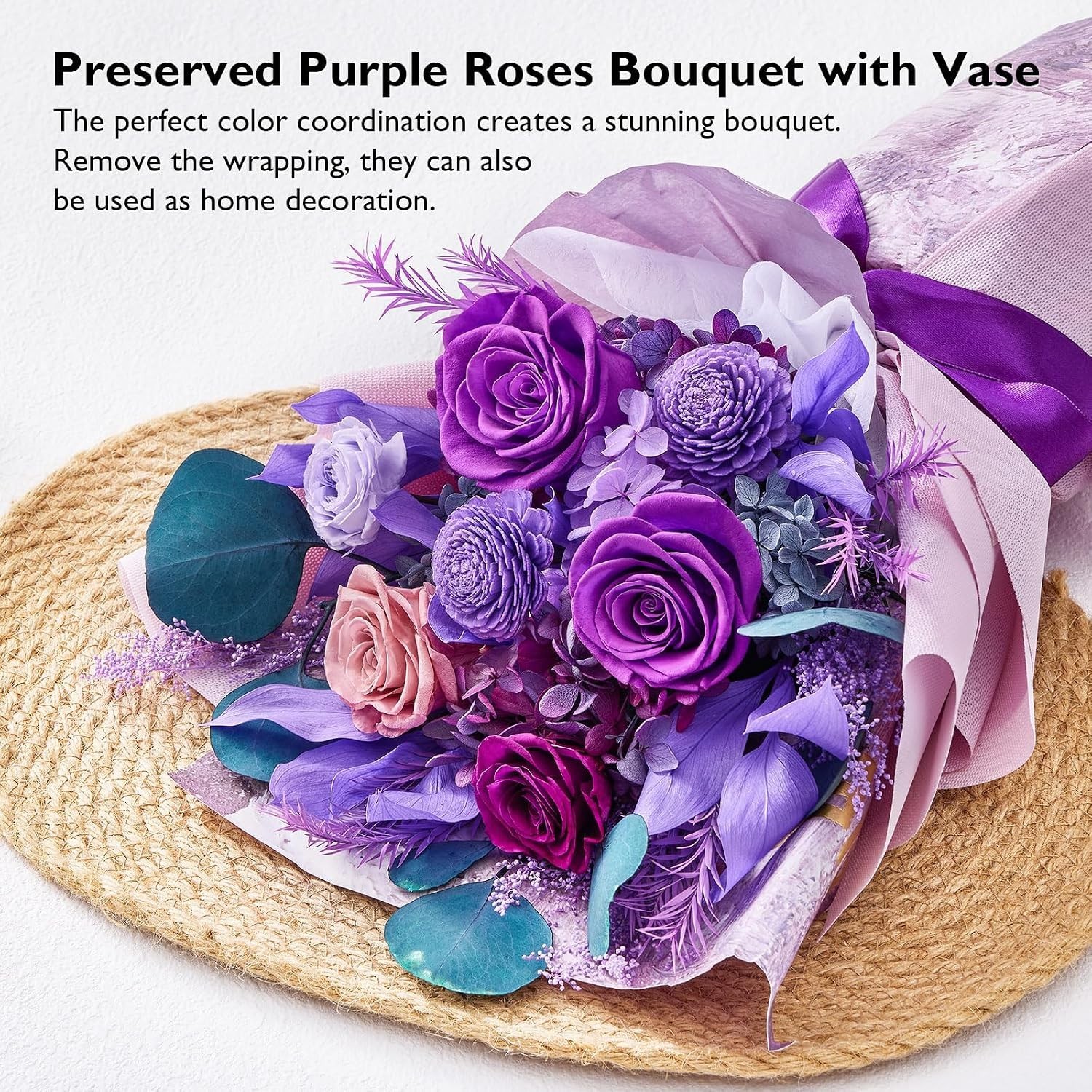 Preserved Roses and Purple Flowers Bouquet for Mother’s Day and Special Occasion