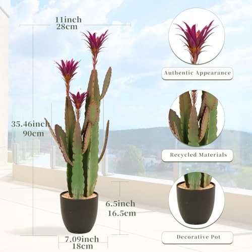 3ft Tall Artificial Cactus with Magenta Flower in Pot, Fake Cacti Plant of