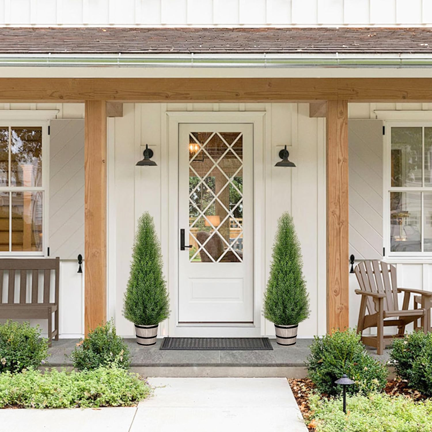 3FT Artificial Cedar Topiary Trees with Rustic Barrel Planter, Outdoor Indoor Re