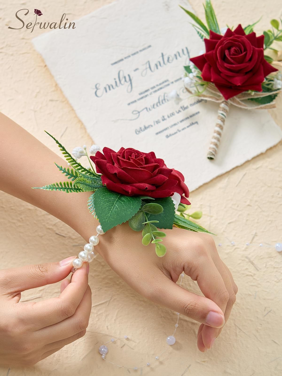 Red Rose Corsage Boutonniere Set For Men Wrist Wristlet Prom Homecoming