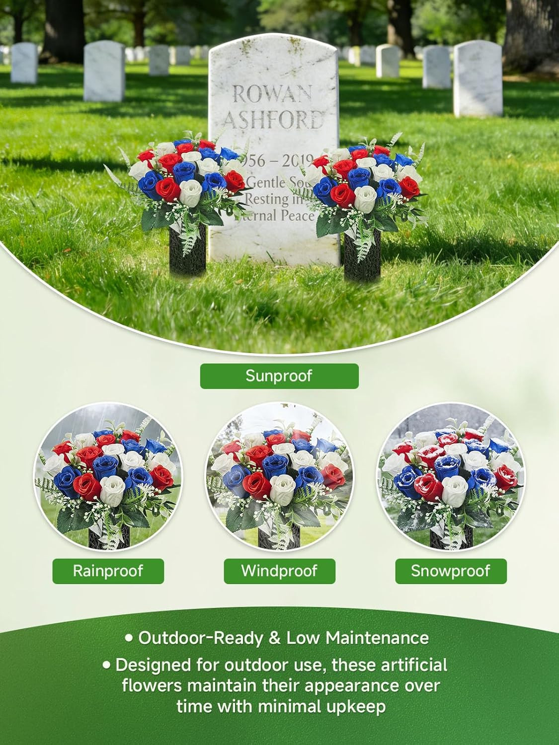 2 Pack Cemetery Grave Flowers Spiked Vases Artificial Rose Memorial Decor