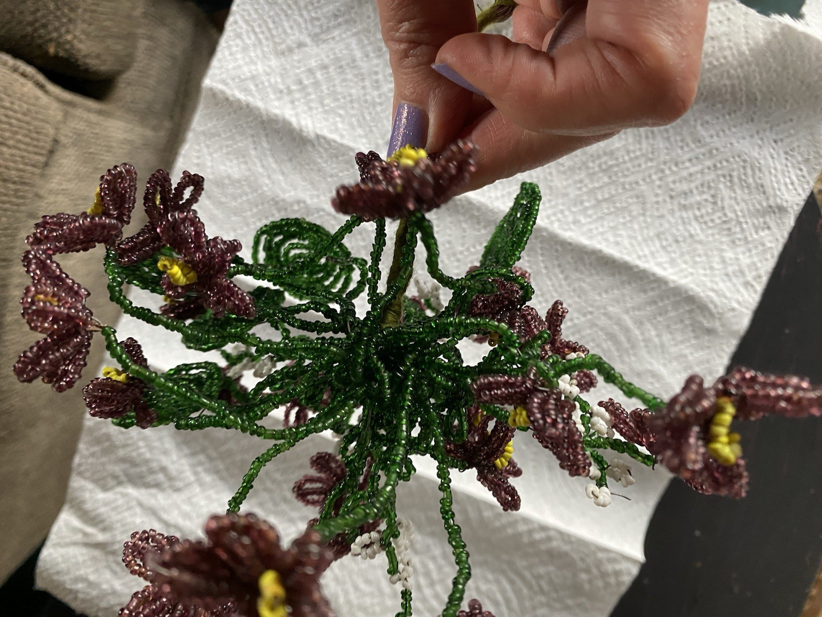 Vtg French Glass Beaded Purple Green Yellow Flower Bouquet Floral Arrangement