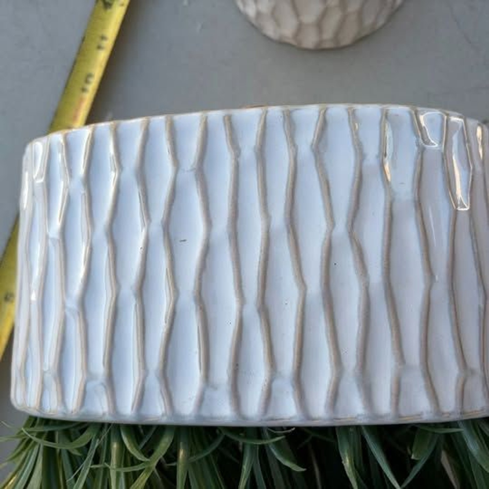 2 – 12″ x4″ ceramic planters with plastic grass