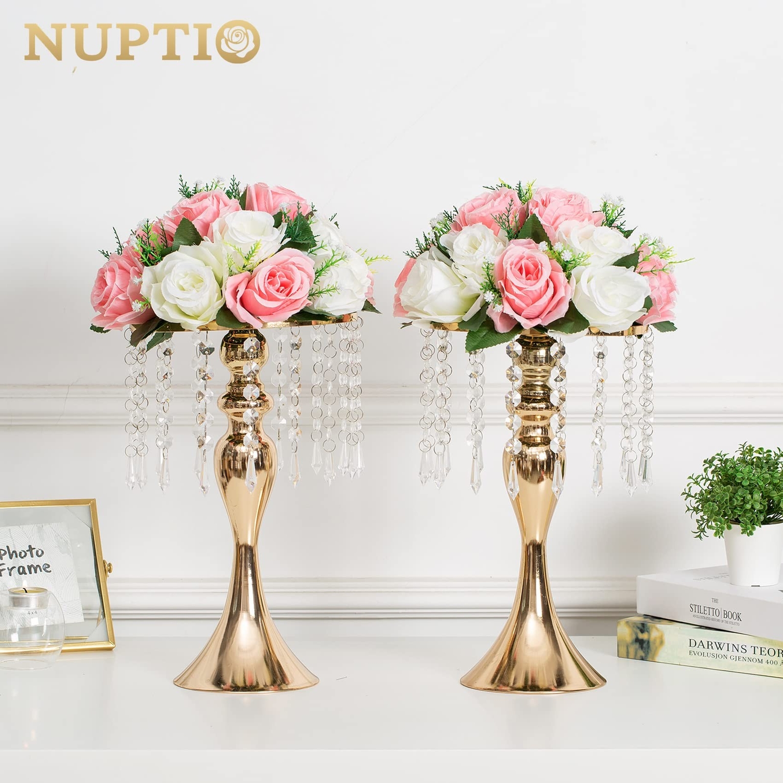 NUPTIO Pcs of 2 Fake Flower Ball Arrangement Bouquet,15 Heads Plastic Roses w…