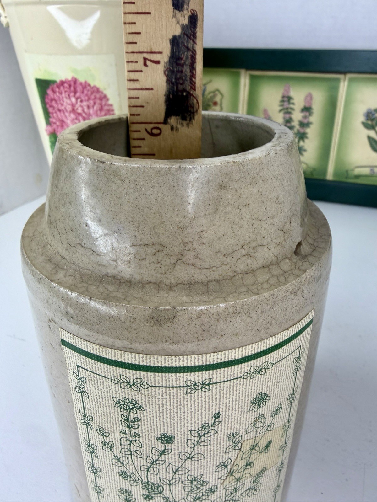 Set of Garden Wood Plaque w/ Herb Tiles Metal Vase Trash Can & Herb Crock