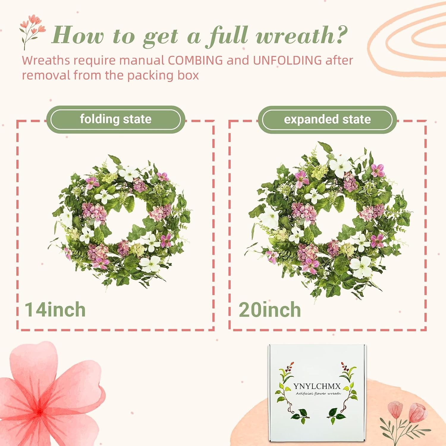 Spring Summer Wreath 20″ Pink Hydrangea Eucalyptus Leaves Home Decor