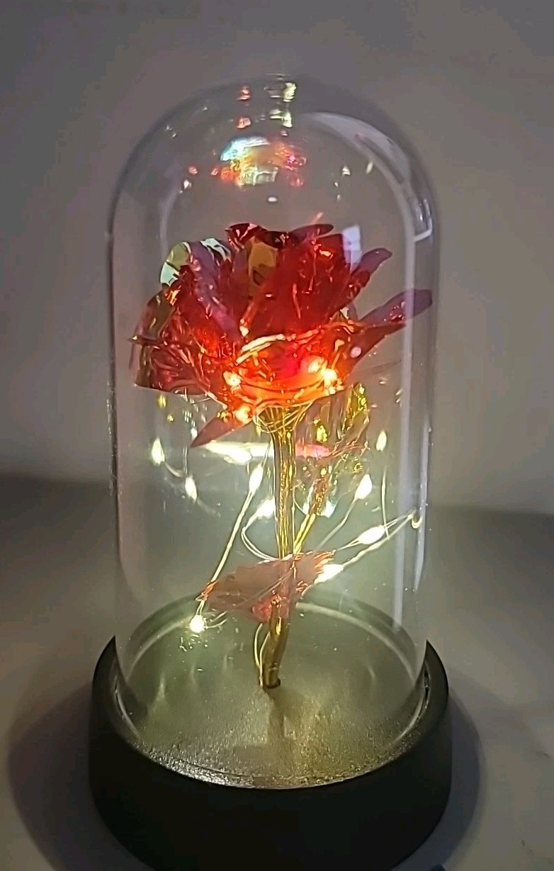 Red & Gold Rose Flower In Dome Glass LED Light Gift, Valentine, Wedding Decor