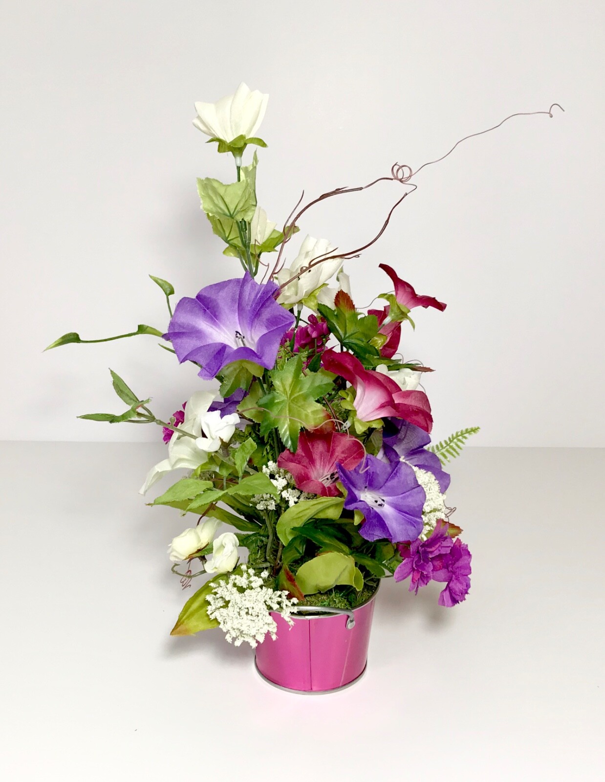 SMALL VARIETY FLORAL ARRANGEMENT NEON PINK METAL TUB SUMMER FLOWERS CENTERPIECE