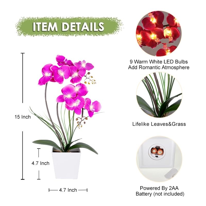 HOMESEASONS Pre-Lit Artificial Orchid Arrangement, LED Orchid Plant with 9