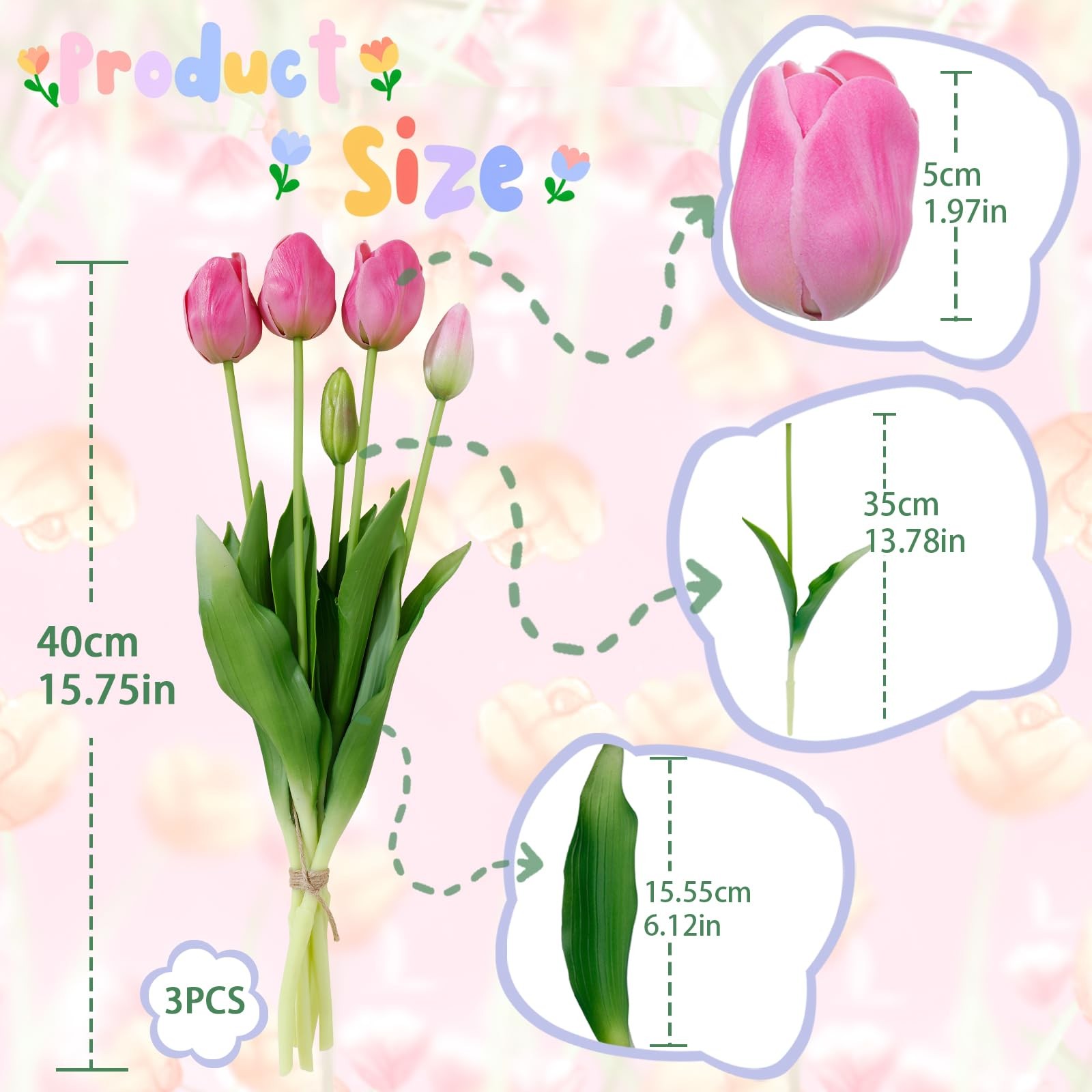 Deep Pink 15PCS 15.75″ Artificial Tulips, Premium Latex Natural Feel Fake Flo…