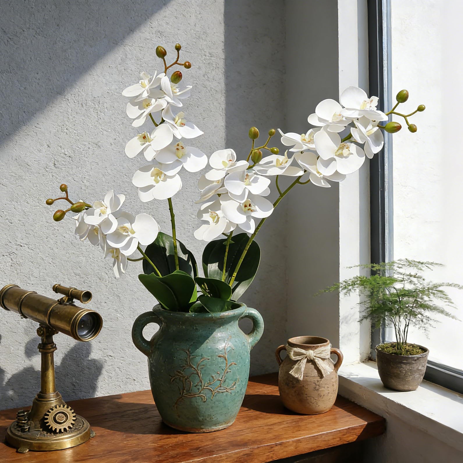Artificial Phalaenopsis Flowers White Fake Orchid Leaves Branches Decor