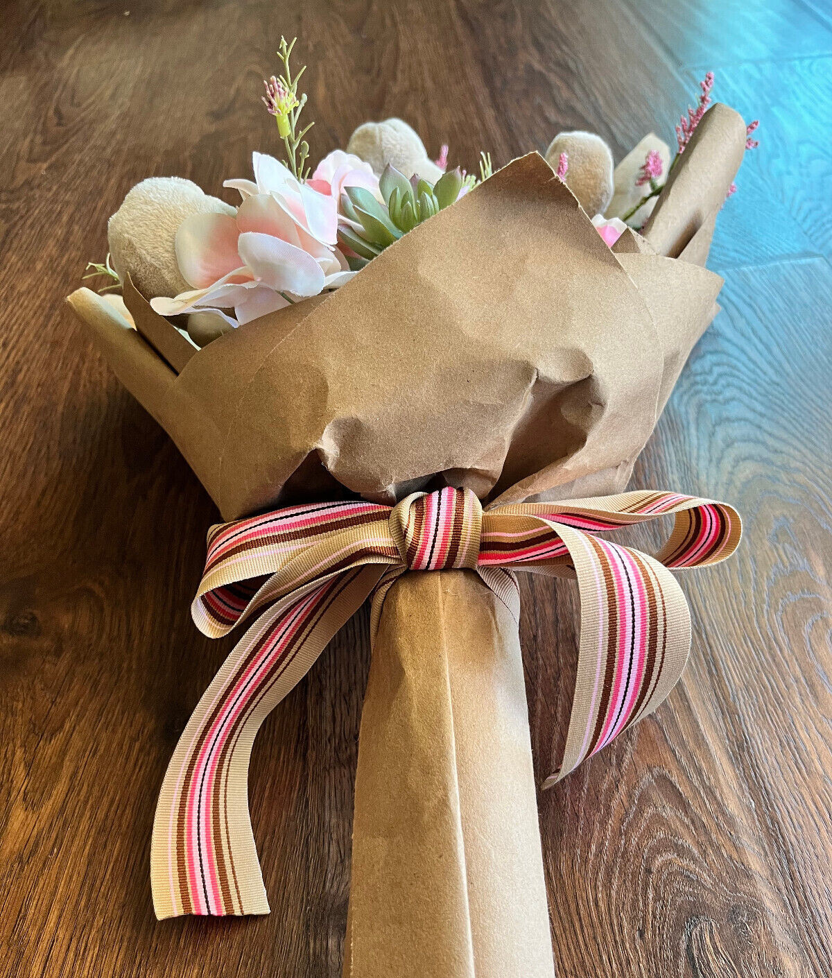 Hand Made Graduation Plush Bear Pink Artificial Flower Bouquet & Matching Ribbon