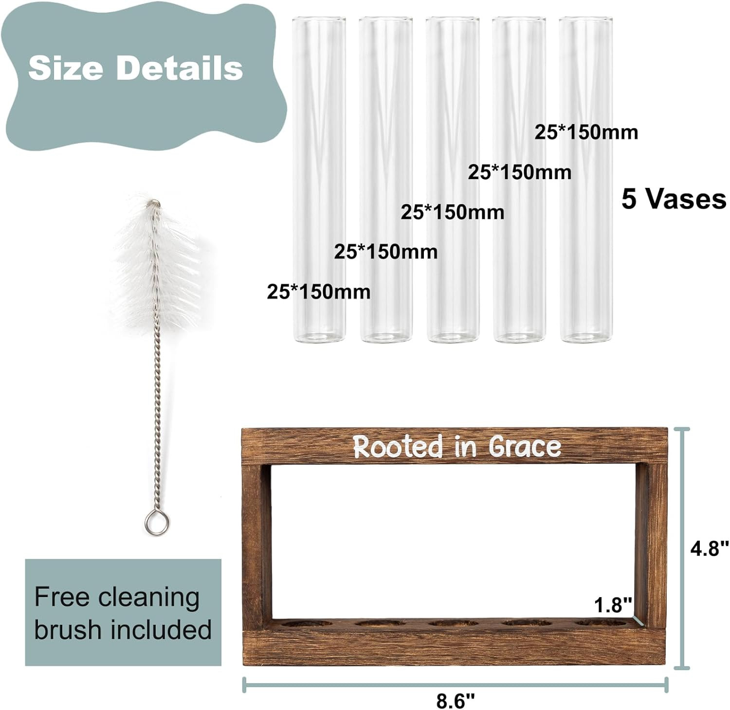 Rooted in Grace Plant Propagation Station – Wooden Stand with 5 Glass Vases, Fai