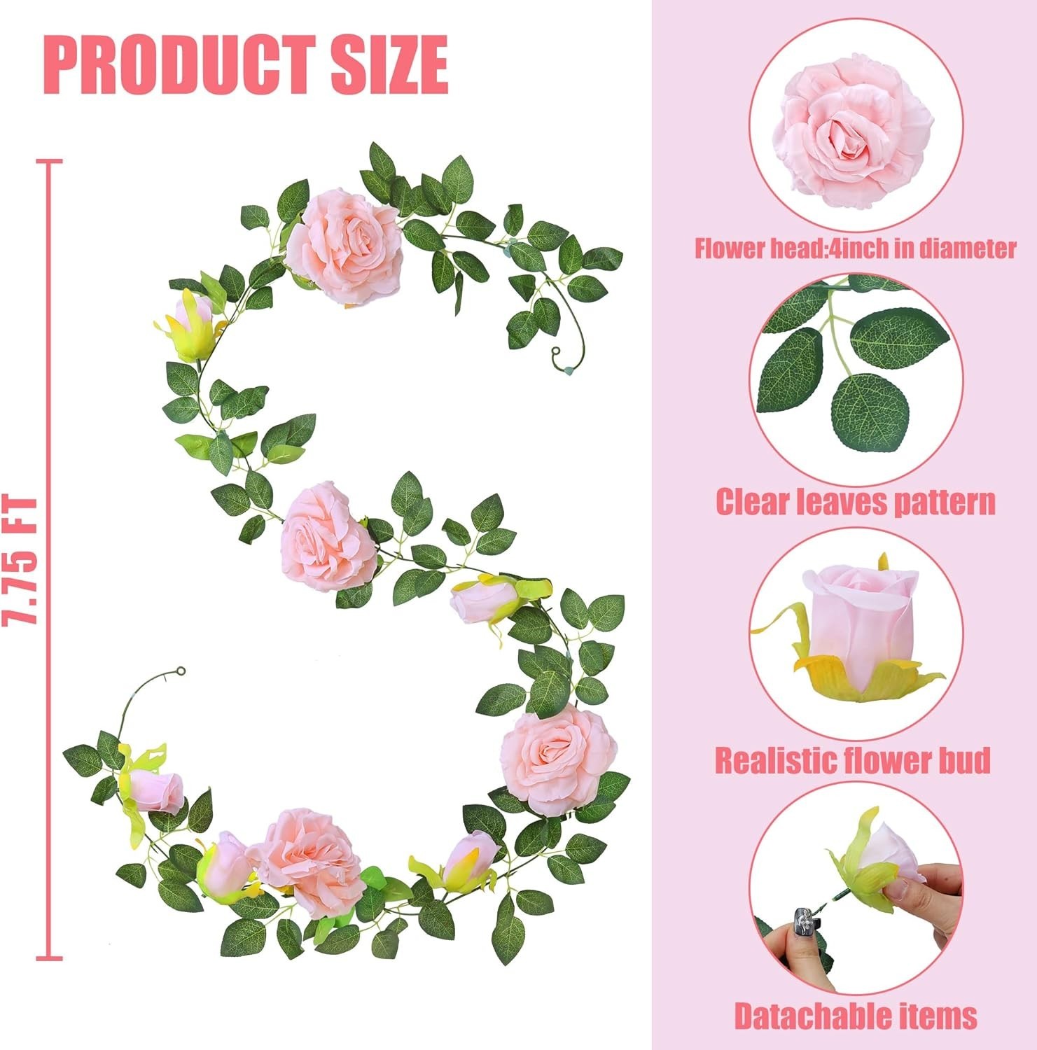 Guirnalda de Rosas Artificiales 4Pcs 31Ft Flores de Seda Boda Jardin Decoracion