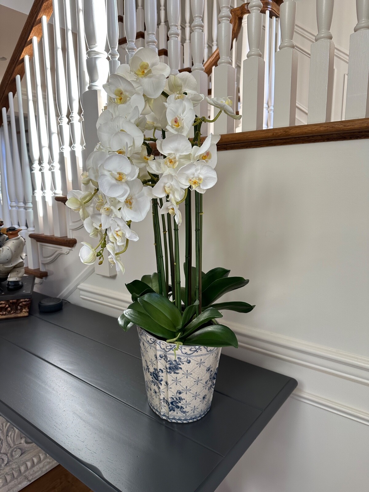 Faux White Orchids in Crackled Glazed Ivory & Blue Ceramic Cache Pot 32″x18″x11″