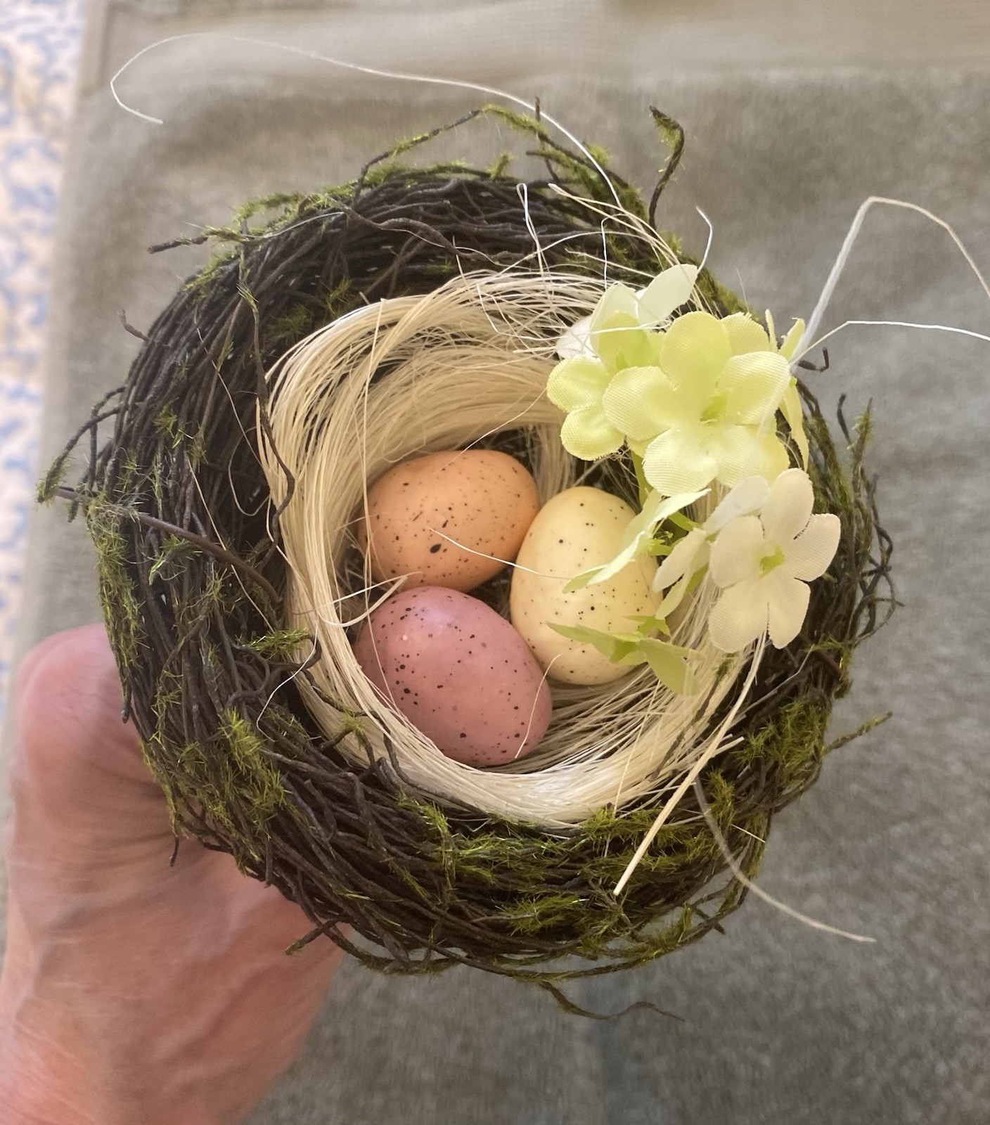 Easter Bird Nest Floral Pick Decor w Speckled Eggs, Moss , & Flowers