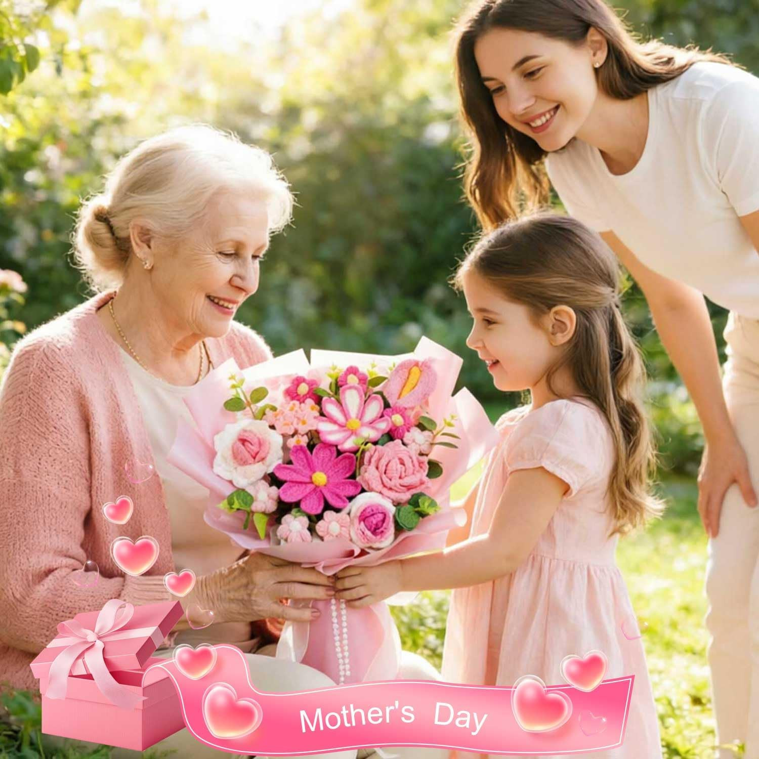 Crochet Flower Bouquet, Handmade Pink Knitted Flowers Bouquet for Mother’S Day,