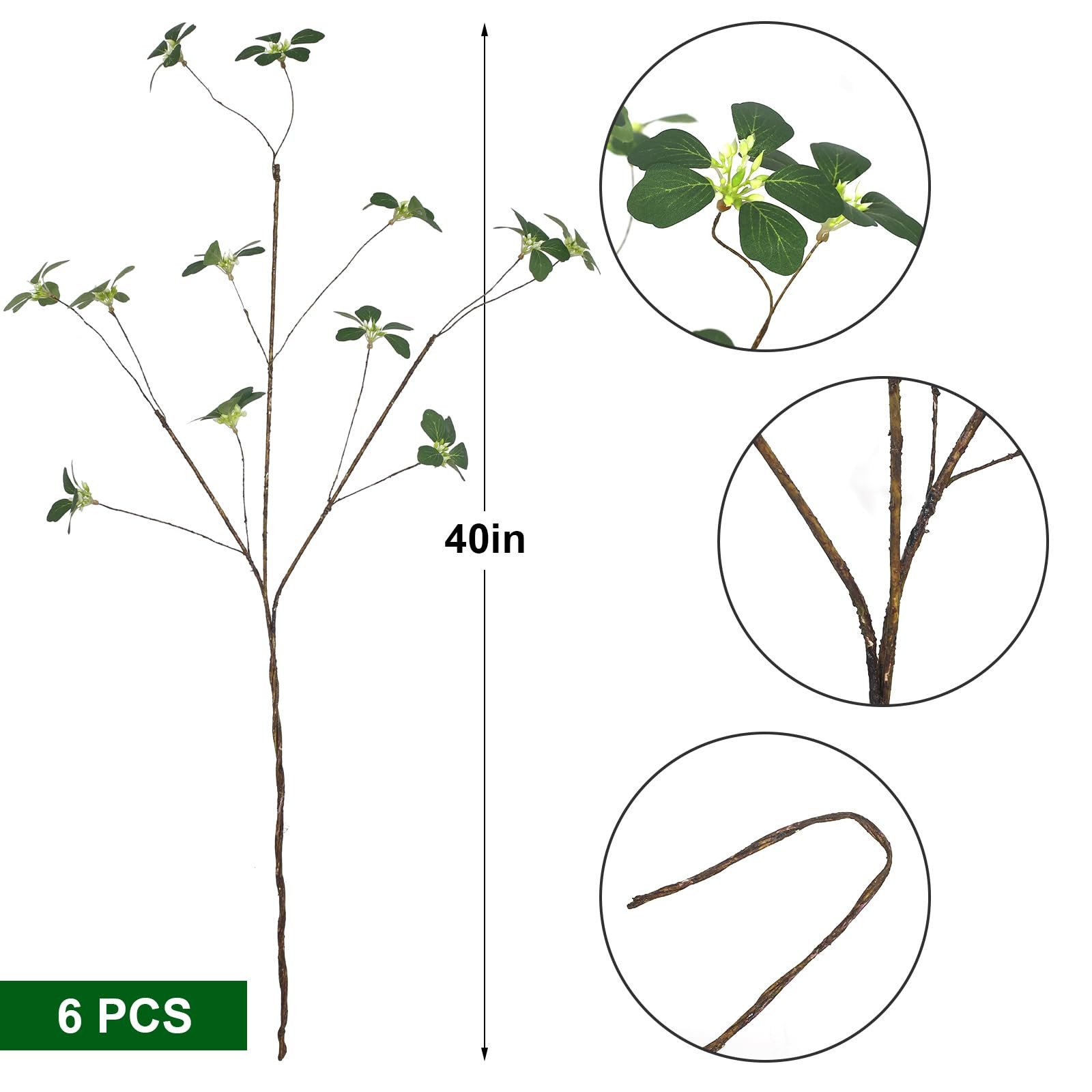6Pcs 40” Long Faux Plant Branches with Artificial Leaves & Seeds Greenery Eucal