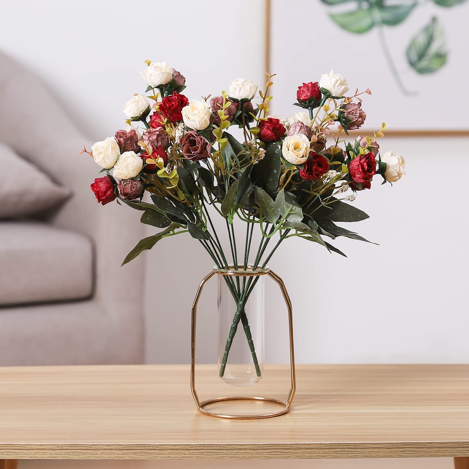 2 PCS Red 21 Head Mini Rose Artificial Flower Bouquet Wedding Office Decor