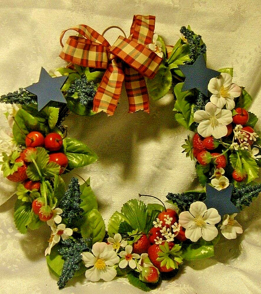 Spring EASTER 10″ Wreath~ Vintage FARMHOUSE Style Floral w/Plastic Fruits 12