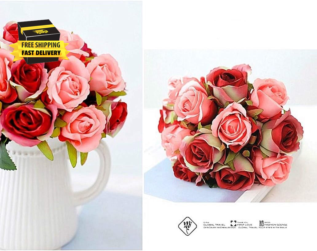 Artificial Roses Fake Flowers 12 Heads Arrangement Silk Bouquet for Home Office
