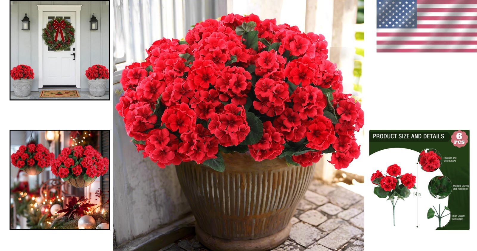 Maintenance-Free 6 Pcs Red Silk Geraniums – Perfect for Christmas & Garden Decor