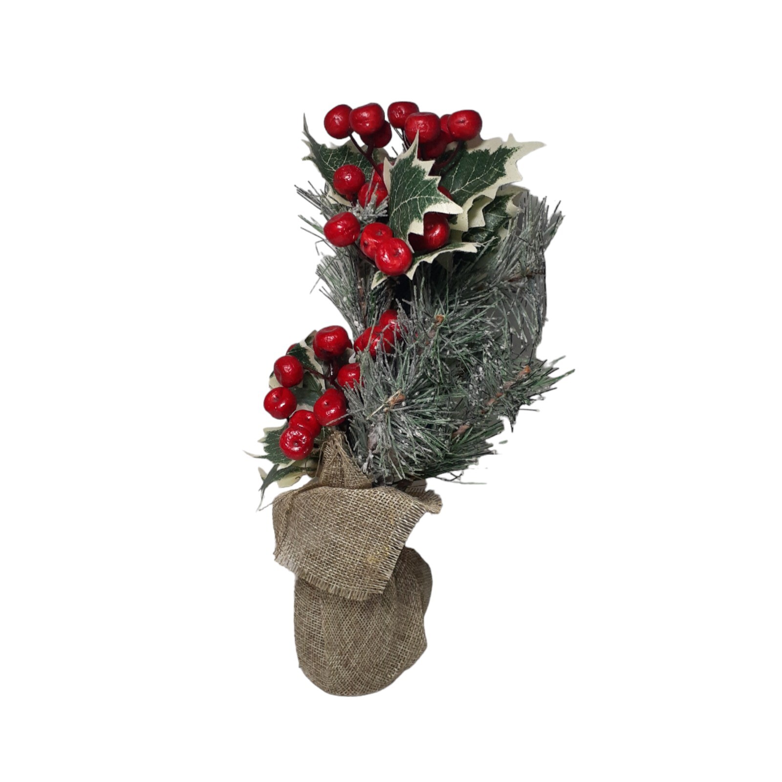 Home Decor Plant Artificial Holly Berries Pine Ivy Greenery In Burlap Winter 11″