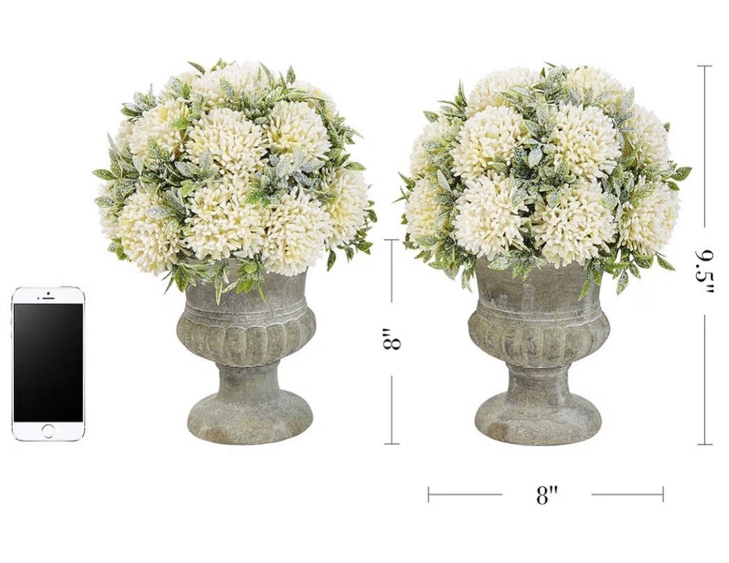 Pure Garden Artificial Floral Arrangement 9.5″ Faux Plant w/ Urn White Set of 2