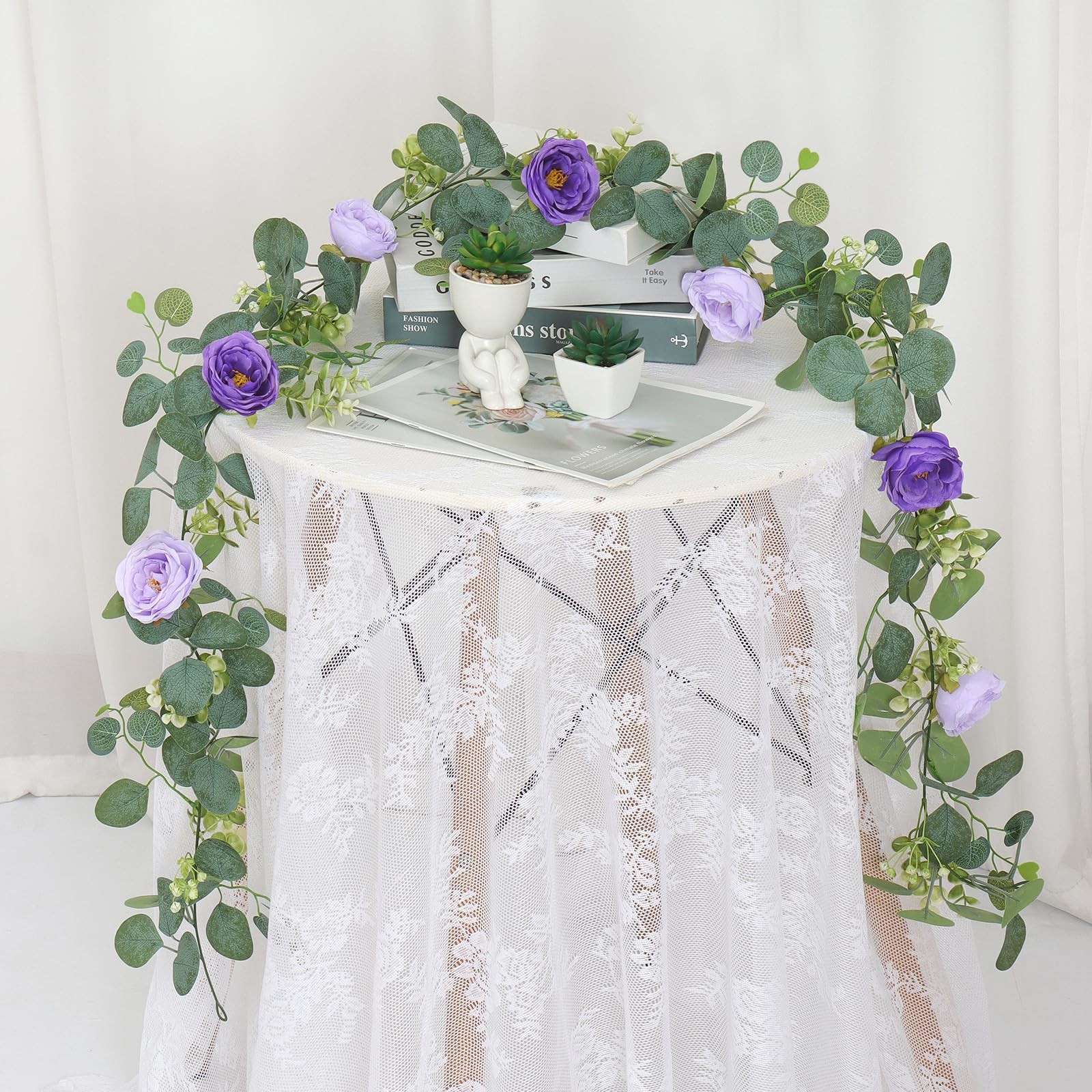 4 Pack Artificial Eucalyptus Flower Garland with Purple Roses, Fake Rose Flow…